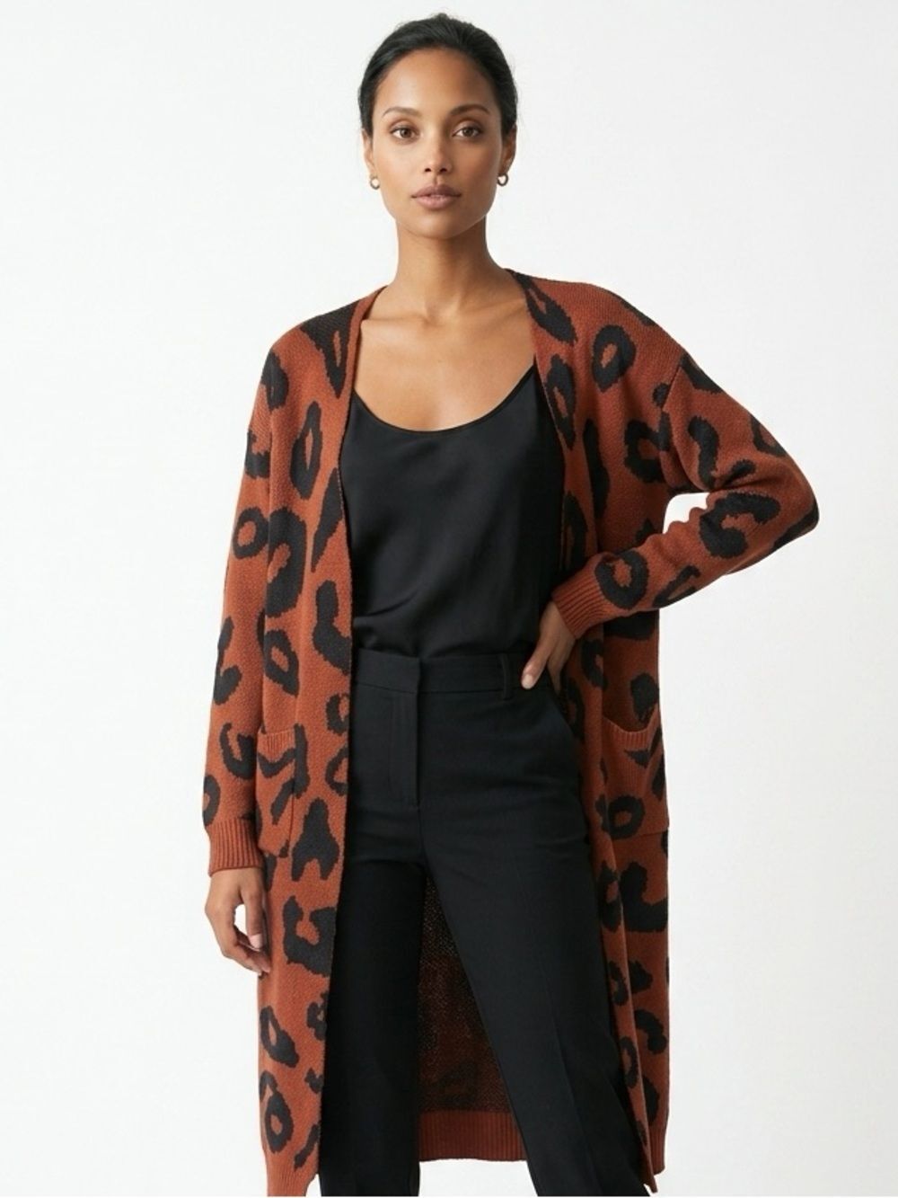 ANDREE BY UNIT | Animal Print Brown & Black Open Front Cardigan Women’s Size M